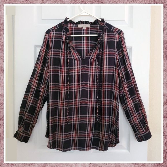 Loft Navy Plaid Blouse LIKE NEW - Picture 1 of 6